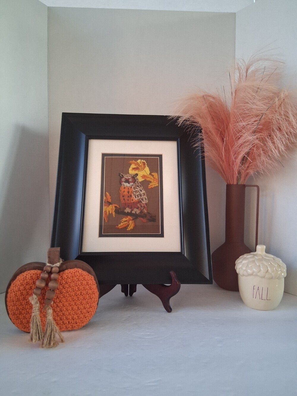 Vtg 1978 Sunset Designs OWL Completed Crewel Artwork Piece; Dbl Matted/Framed